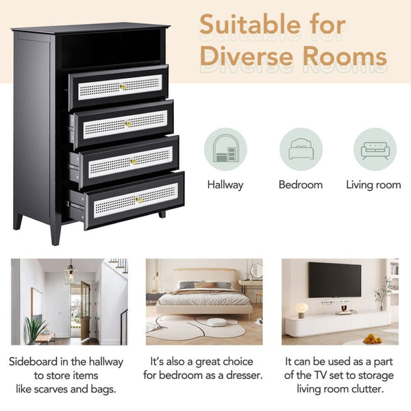 English Elm On-trend Rattan Panel 4 Drawer Dresser Black Mdf Cabinet Gold Pulls Bedroom Storage WF303857AAB