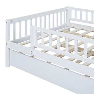 English Elm Full Size Pine Wood Daybed with Roll Out Trundle Fence Rail Guest Room Sleeper WF301863AAK