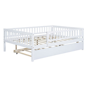 English Elm Full Size Pine Wood Daybed with Roll Out Trundle Fence Rail Guest Room Sleeper WF301863AAK