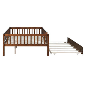English Elm Full Size Pine Wood Daybed with Roll Out Trundle Fence Rail Guest Room Sleeper Walnut WF301863AAL