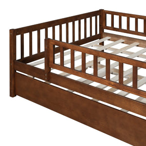 English Elm Full Size Pine Wood Daybed with Roll Out Trundle Fence Rail Guest Room Sleeper Walnut WF301863AAL