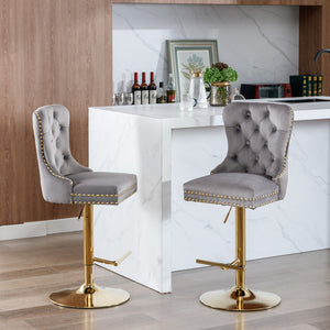 English Elm A&A Stylish Gray Velvet Swivel Barstools Set Of 2 With Adjustable Height & Modern Gold Base For Home W114367604