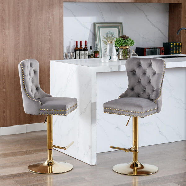 English Elm A&A Stylish Gray Velvet Swivel Barstools Set Of 2 With Adjustable Height & Modern Gold Base For Home W114367604