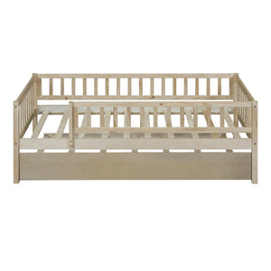 English Elm Twin Pine Wood Daybed with Roll Out Trundle Fence Guardrails Cabin Style Frame Natural WF301862AAN