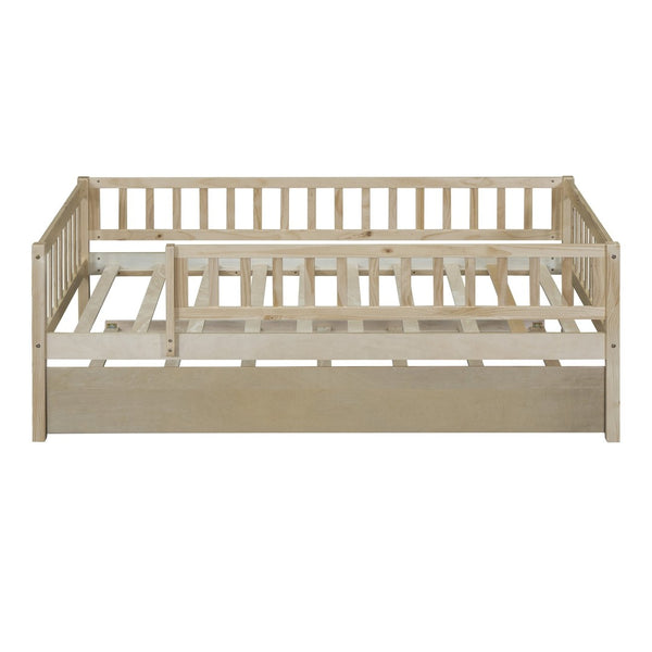 English Elm Twin Pine Wood Daybed with Roll Out Trundle Fence Guardrails Cabin Style Frame Natural WF301862AAN