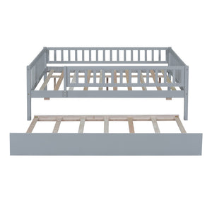 English Elm Full Size Pine Wood Daybed with Roll Out Trundle Fence Rail Guest Room Sleeper Gray WF301863AAE