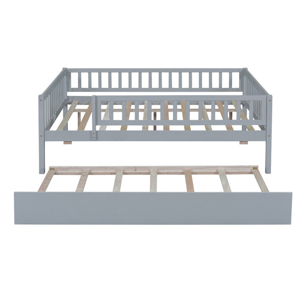English Elm Full Size Pine Wood Daybed with Roll Out Trundle Fence Rail Guest Room Sleeper Gray WF301863AAE