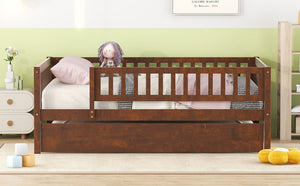 English Elm Full Size Pine Wood Daybed with Roll Out Trundle Fence Rail Guest Room Sleeper Walnut WF301863AAL