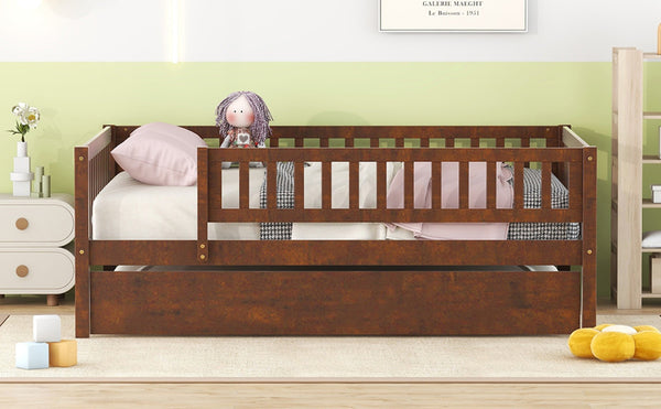 English Elm Full Size Pine Wood Daybed with Roll Out Trundle Fence Rail Guest Room Sleeper Walnut WF301863AAL