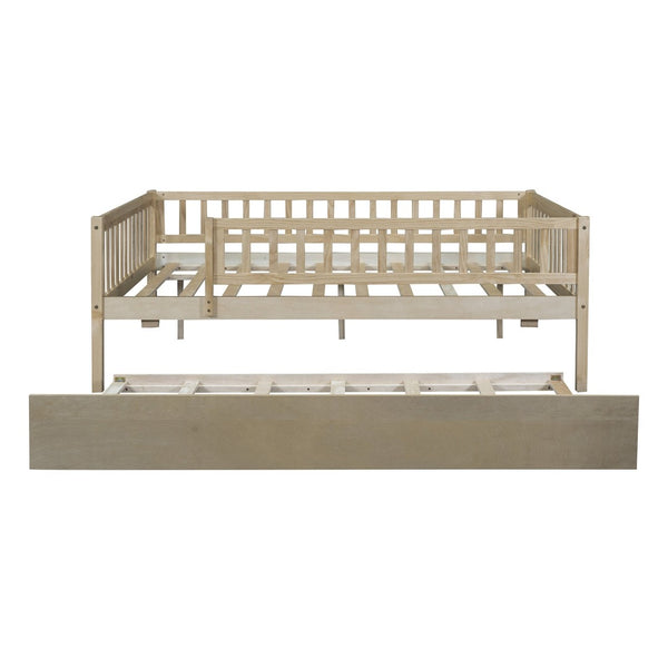 English Elm Full Size Pine Wood Daybed with Roll Out Trundle Fence Rail Guest Room Sleeper Natural WF301863AAN