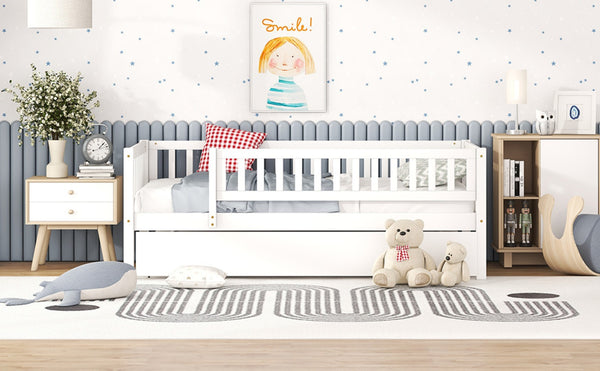 English Elm Twin Pine Wood Daybed with Roll Out Trundle Fence Guardrails Cabin Style Frame White WF301862AAK