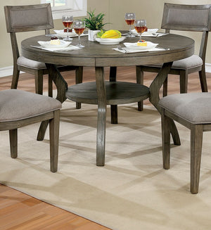 English Elm Rustic Grey Solid Wood Round Dining Table 48" Dia x 30" H with Open Shelf, Curved Legs, Farmhouse Charm B011107814