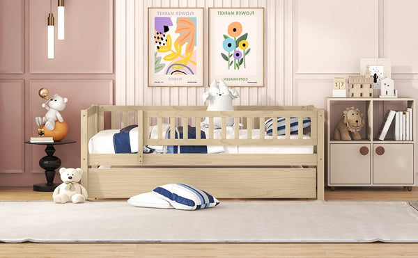 English Elm Twin Pine Wood Daybed with Roll Out Trundle Fence Guardrails Cabin Style Frame Natural WF301862AAN