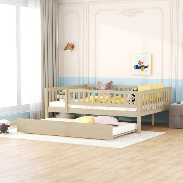 English Elm Full Size Pine Wood Daybed with Roll Out Trundle Fence Rail Guest Room Sleeper Natural WF301863AAN