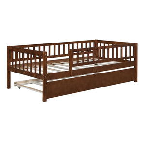 English Elm Twin Pine Wood Daybed with Roll Out Trundle Fence Guardrails Cabin Style Frame Walnut WF301862AAL
