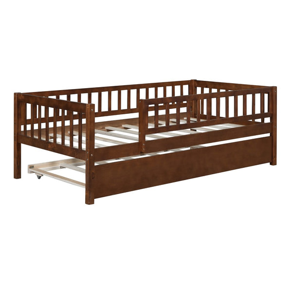 English Elm Twin Pine Wood Daybed with Roll Out Trundle Fence Guardrails Cabin Style Frame Walnut WF301862AAL