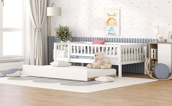 English Elm Twin Pine Wood Daybed with Roll Out Trundle Fence Guardrails Cabin Style Frame White WF301862AAK