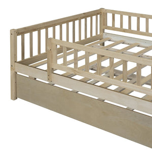 English Elm Full Size Pine Wood Daybed with Roll Out Trundle Fence Rail Guest Room Sleeper Natural WF301863AAN