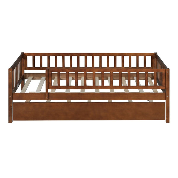 English Elm Twin Pine Wood Daybed with Roll Out Trundle Fence Guardrails Cabin Style Frame Walnut WF301862AAL