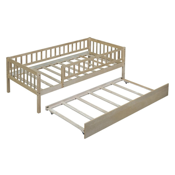 English Elm Twin Pine Wood Daybed with Roll Out Trundle Fence Guardrails Cabin Style Frame Natural WF301862AAN