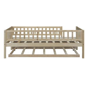 English Elm Twin Pine Wood Daybed with Roll Out Trundle Fence Guardrails Cabin Style Frame Natural WF301862AAN