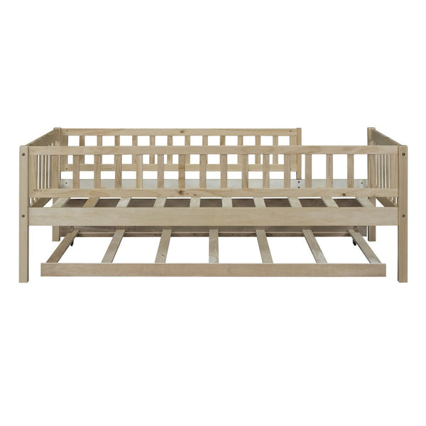 English Elm Twin Pine Wood Daybed with Roll Out Trundle Fence Guardrails Cabin Style Frame Natural WF301862AAN
