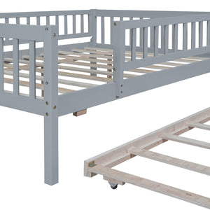 English Elm Full Size Pine Wood Daybed with Roll Out Trundle Fence Rail Guest Room Sleeper Gray WF301863AAE
