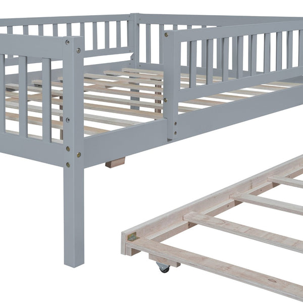 English Elm Full Size Pine Wood Daybed with Roll Out Trundle Fence Rail Guest Room Sleeper Gray WF301863AAE