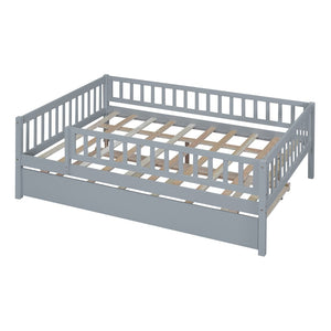 English Elm Full Size Pine Wood Daybed with Roll Out Trundle Fence Rail Guest Room Sleeper Gray WF301863AAE
