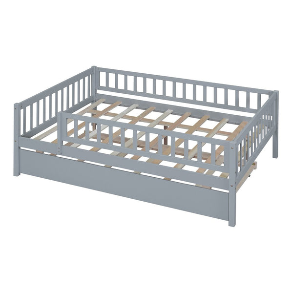 English Elm Full Size Pine Wood Daybed with Roll Out Trundle Fence Rail Guest Room Sleeper Gray WF301863AAE