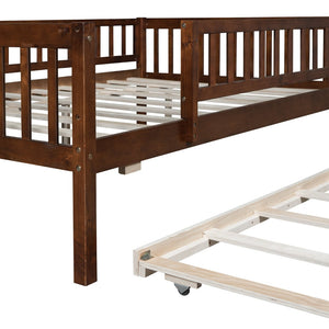 English Elm Full Size Pine Wood Daybed with Roll Out Trundle Fence Rail Guest Room Sleeper Walnut WF301863AAL