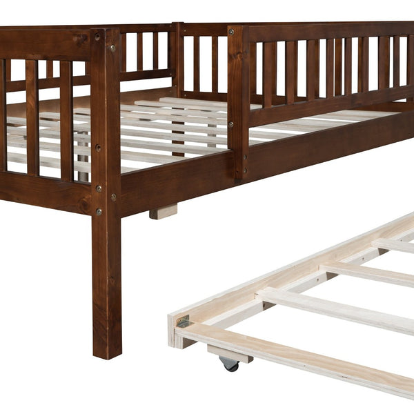 English Elm Full Size Pine Wood Daybed with Roll Out Trundle Fence Rail Guest Room Sleeper Walnut WF301863AAL