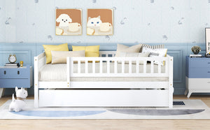 English Elm Full Size Pine Wood Daybed with Roll Out Trundle Fence Rail Guest Room Sleeper WF301863AAK