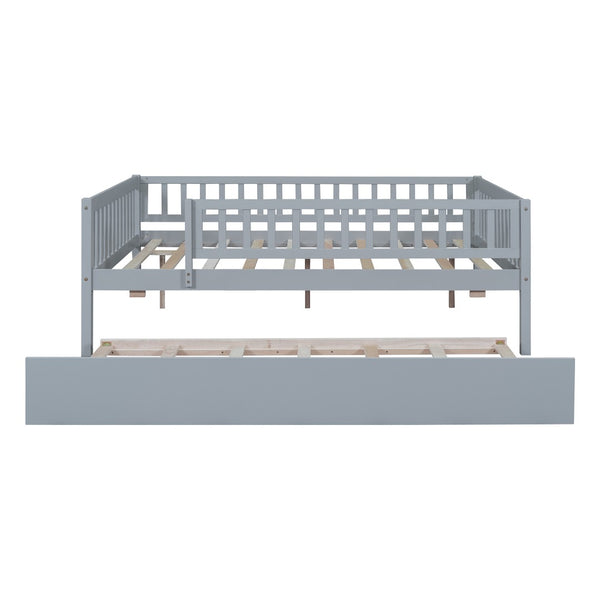 English Elm Full Size Pine Wood Daybed with Roll Out Trundle Fence Rail Guest Room Sleeper Gray WF301863AAE