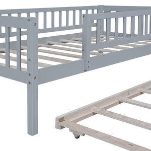 English Elm Twin Pine Wood Daybed with Roll Out Trundle Fence Guardrails Cabin Style Frame Gray WF301862AAE
