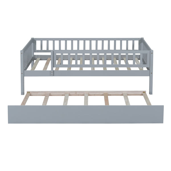 English Elm Twin Pine Wood Daybed with Roll Out Trundle Fence Guardrails Cabin Style Frame Gray WF301862AAE