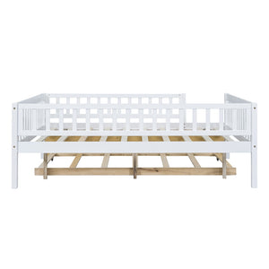 English Elm Full Size Pine Wood Daybed with Roll Out Trundle Fence Rail Guest Room Sleeper WF301863AAK