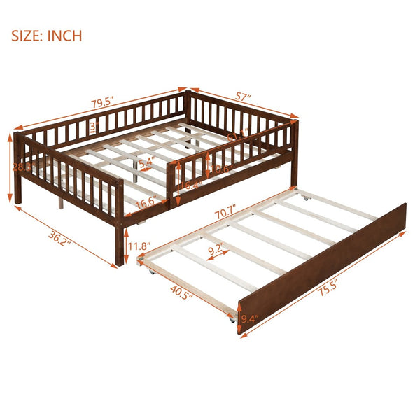 English Elm Full Size Pine Wood Daybed with Roll Out Trundle Fence Rail Guest Room Sleeper Walnut WF301863AAL