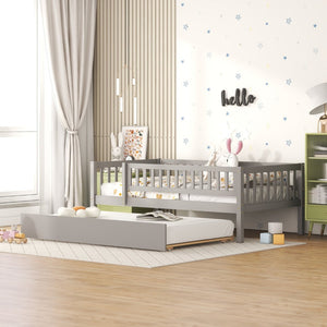 English Elm Twin Pine Wood Daybed with Roll Out Trundle Fence Guardrails Cabin Style Frame Gray WF301862AAE