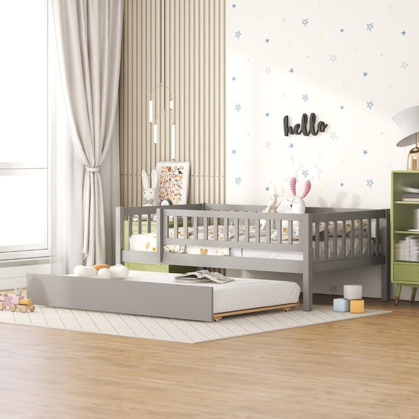 English Elm Twin Pine Wood Daybed with Roll Out Trundle Fence Guardrails Cabin Style Frame Gray WF301862AAE