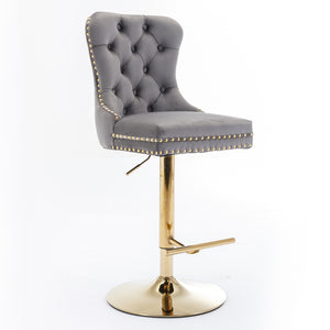 English Elm A&A Stylish Gray Velvet Swivel Barstools Set Of 2 With Adjustable Height & Modern Gold Base For Home W114367604