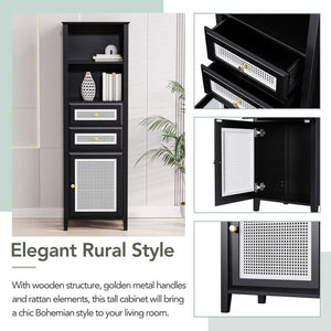 English Elm On-trend Boho Rattan Tower Cabinet 63 Inch Slim Mdf Storage for Any Room WF303856AAB