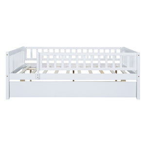 English Elm Full Size Pine Wood Daybed with Roll Out Trundle Fence Rail Guest Room Sleeper WF301863AAK