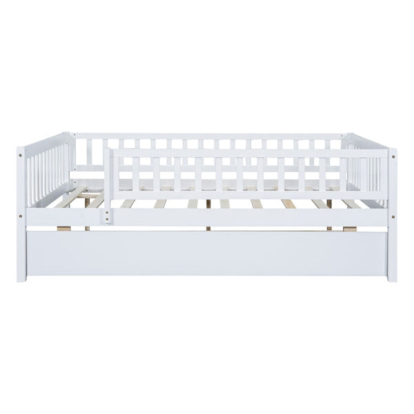 English Elm Full Size Pine Wood Daybed with Roll Out Trundle Fence Rail Guest Room Sleeper WF301863AAK