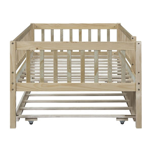 English Elm Twin Pine Wood Daybed with Roll Out Trundle Fence Guardrails Cabin Style Frame Natural WF301862AAN
