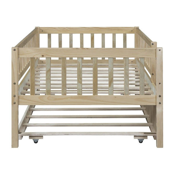 English Elm Twin Pine Wood Daybed with Roll Out Trundle Fence Guardrails Cabin Style Frame Natural WF301862AAN