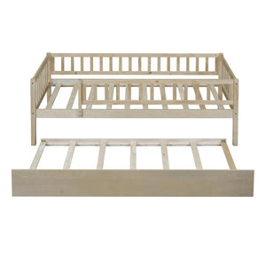 English Elm Twin Pine Wood Daybed with Roll Out Trundle Fence Guardrails Cabin Style Frame Natural WF301862AAN