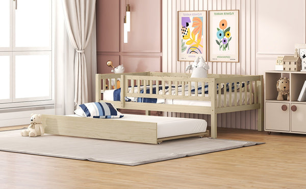 English Elm Twin Pine Wood Daybed with Roll Out Trundle Fence Guardrails Cabin Style Frame Natural WF301862AAN