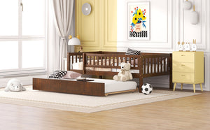 English Elm Twin Pine Wood Daybed with Roll Out Trundle Fence Guardrails Cabin Style Frame Walnut WF301862AAL