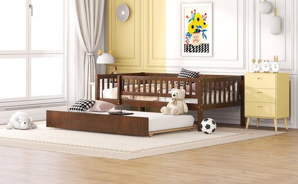 English Elm Twin Pine Wood Daybed with Roll Out Trundle Fence Guardrails Cabin Style Frame Walnut WF301862AAL